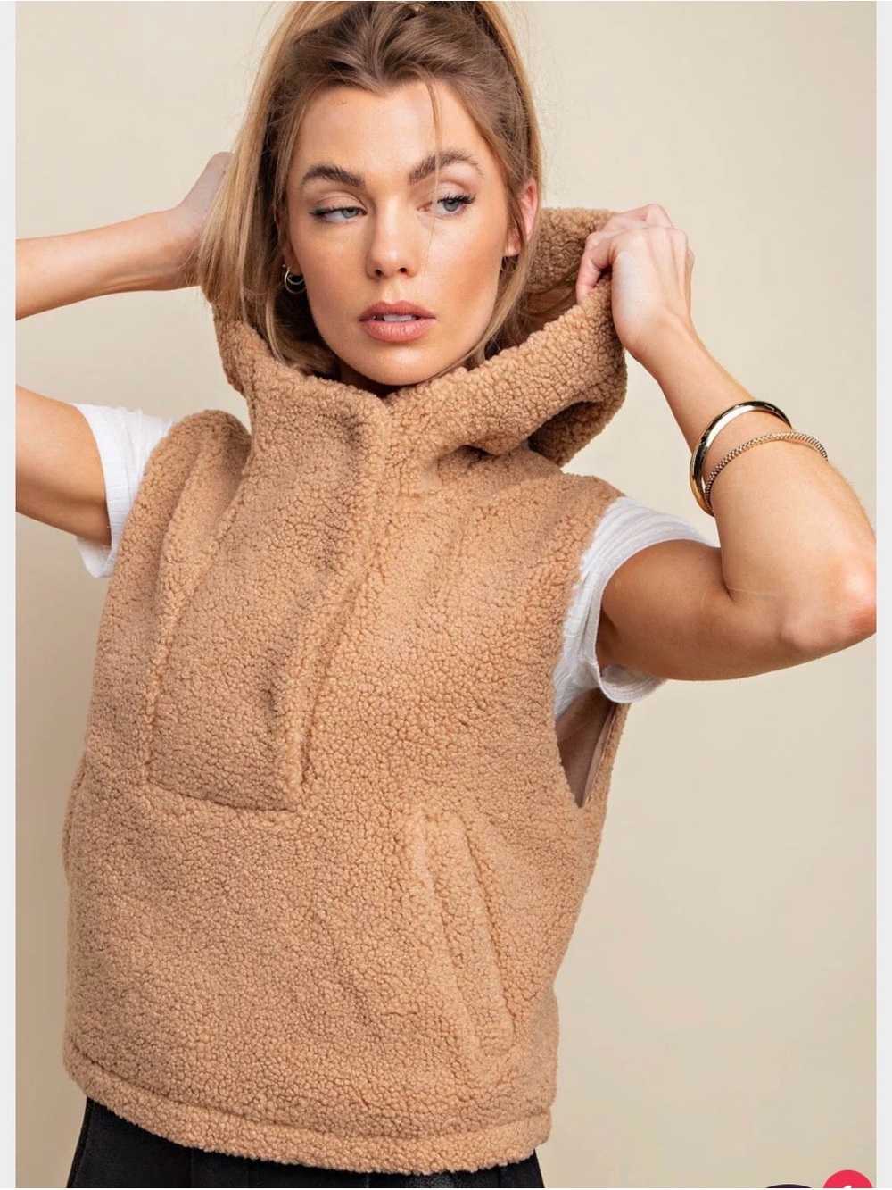 Kori Plush Sherpa Hooded Vest in Camel Brown ptp 21 length 20